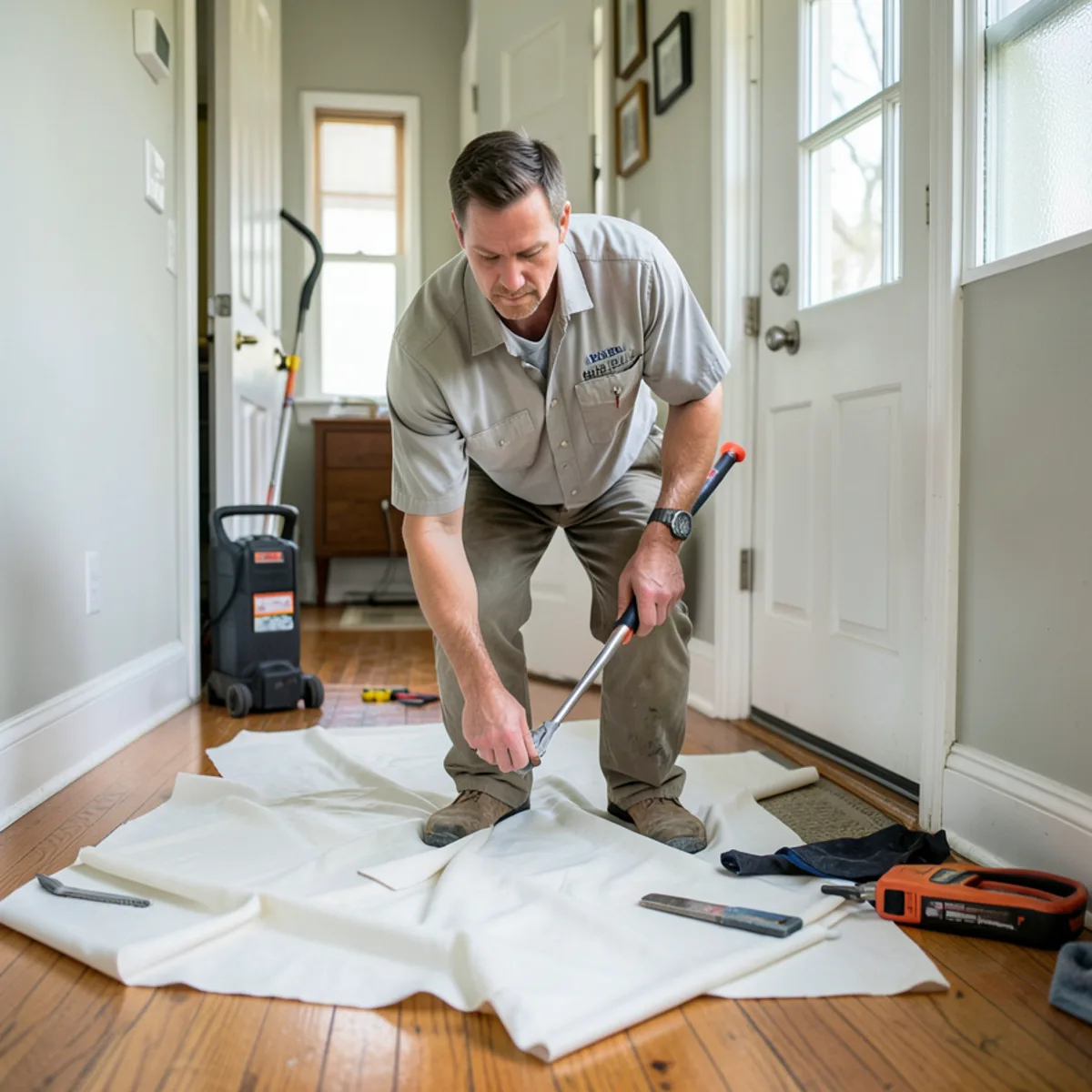 Technician protecting residential entryway with clean canvas runners