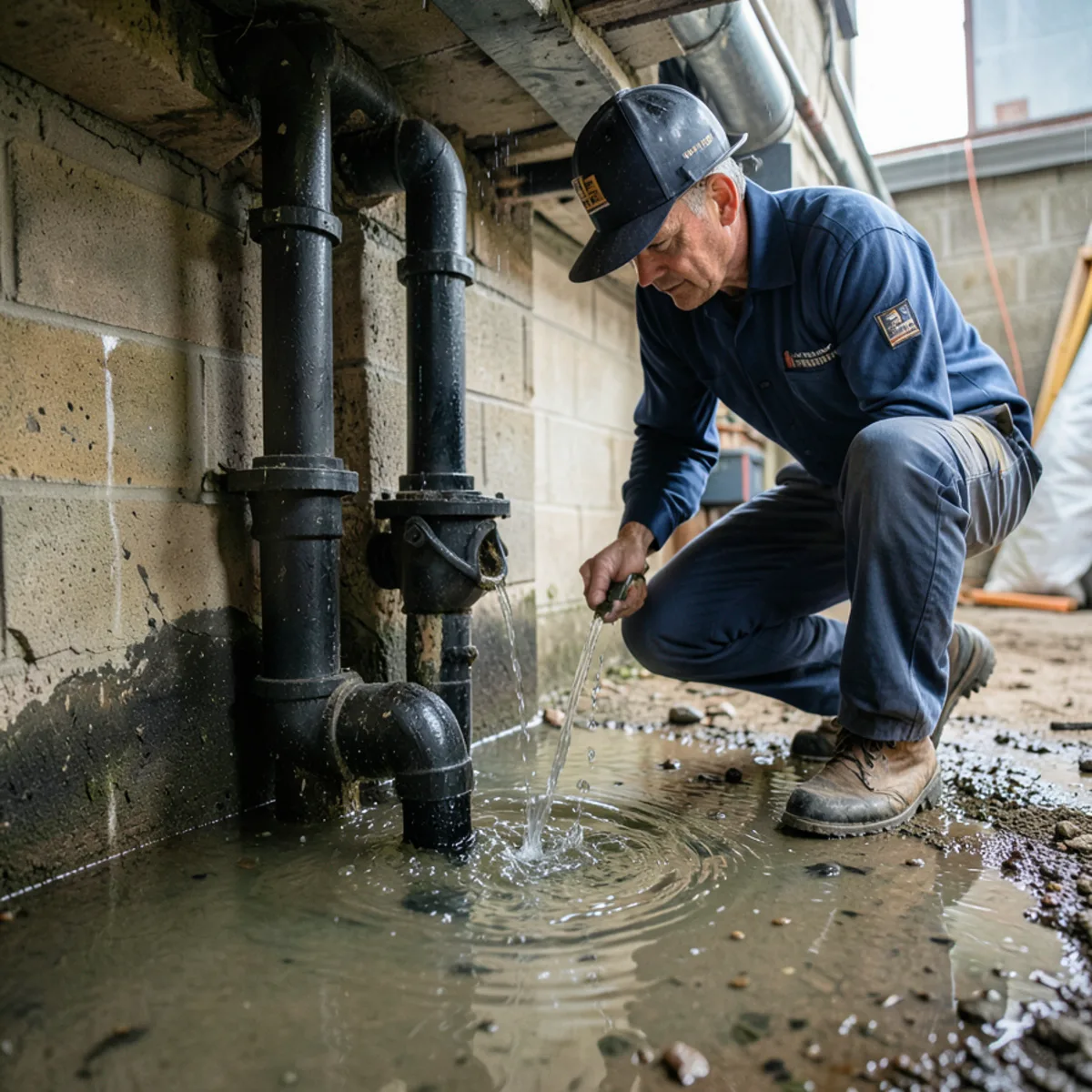 Stormwater beginning to pool around basement floor drain opening