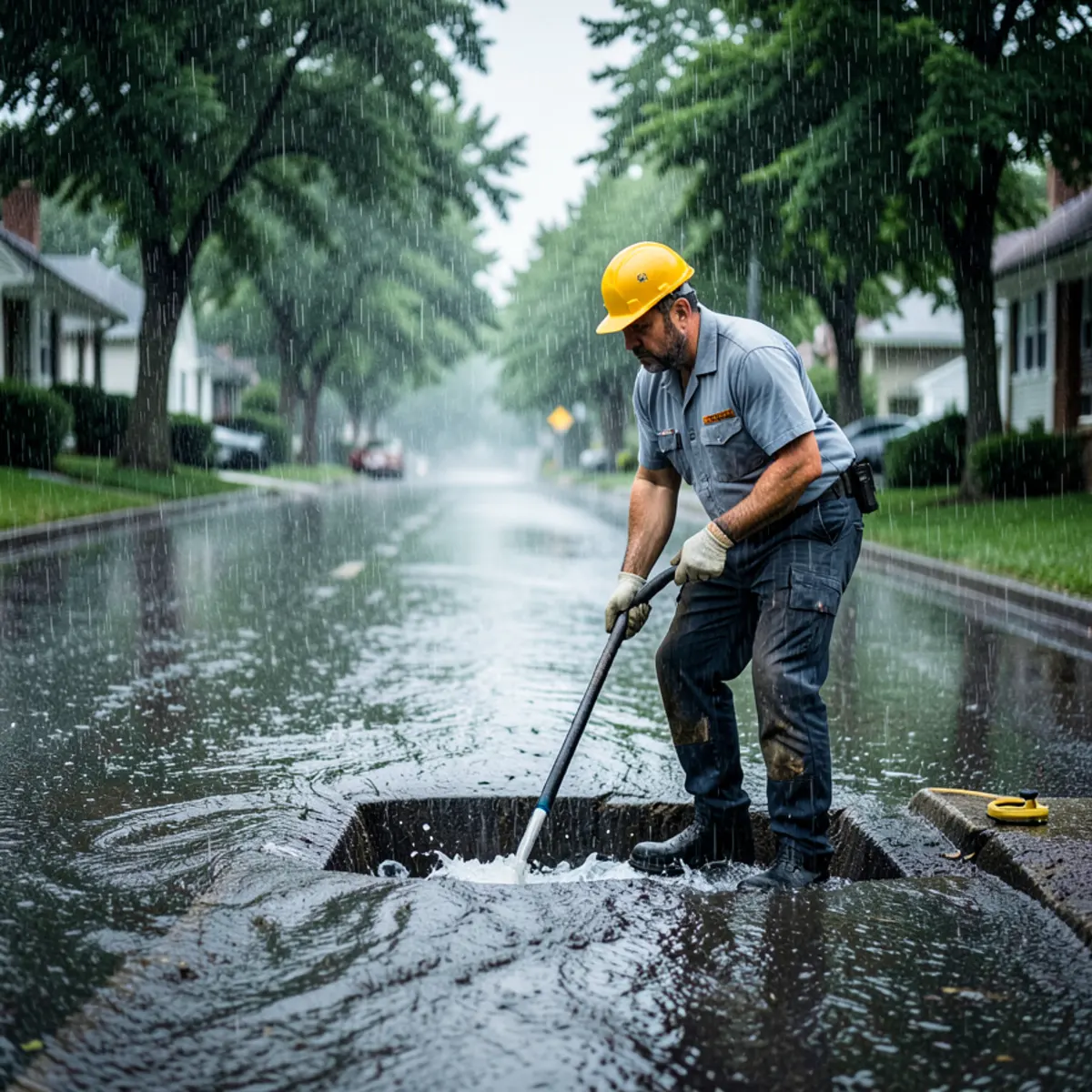 Heavy summer rain runoff draining into Evanston street storm inlet