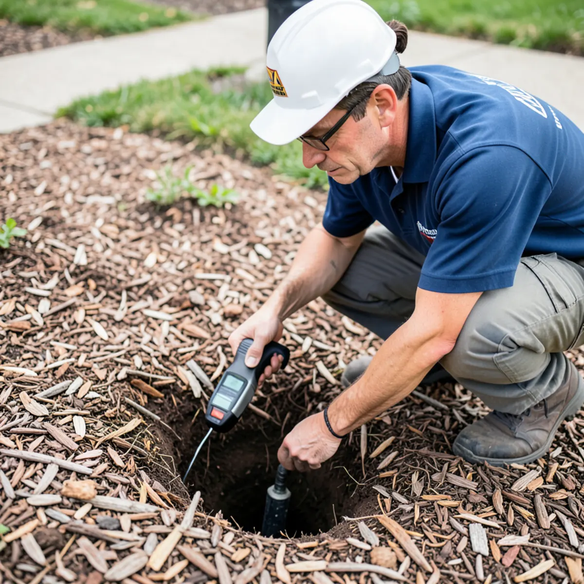 Technician locating buried exterior sewer cleanout with locator wand
