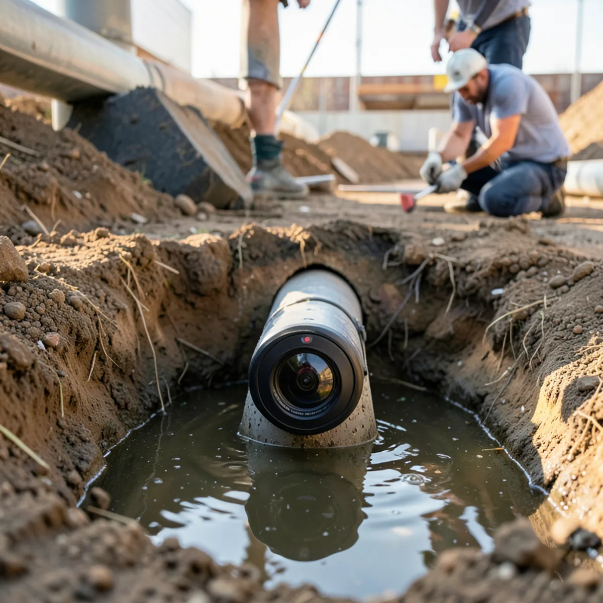 Camera submerged in standing water inside a sagging sewer lateral belly