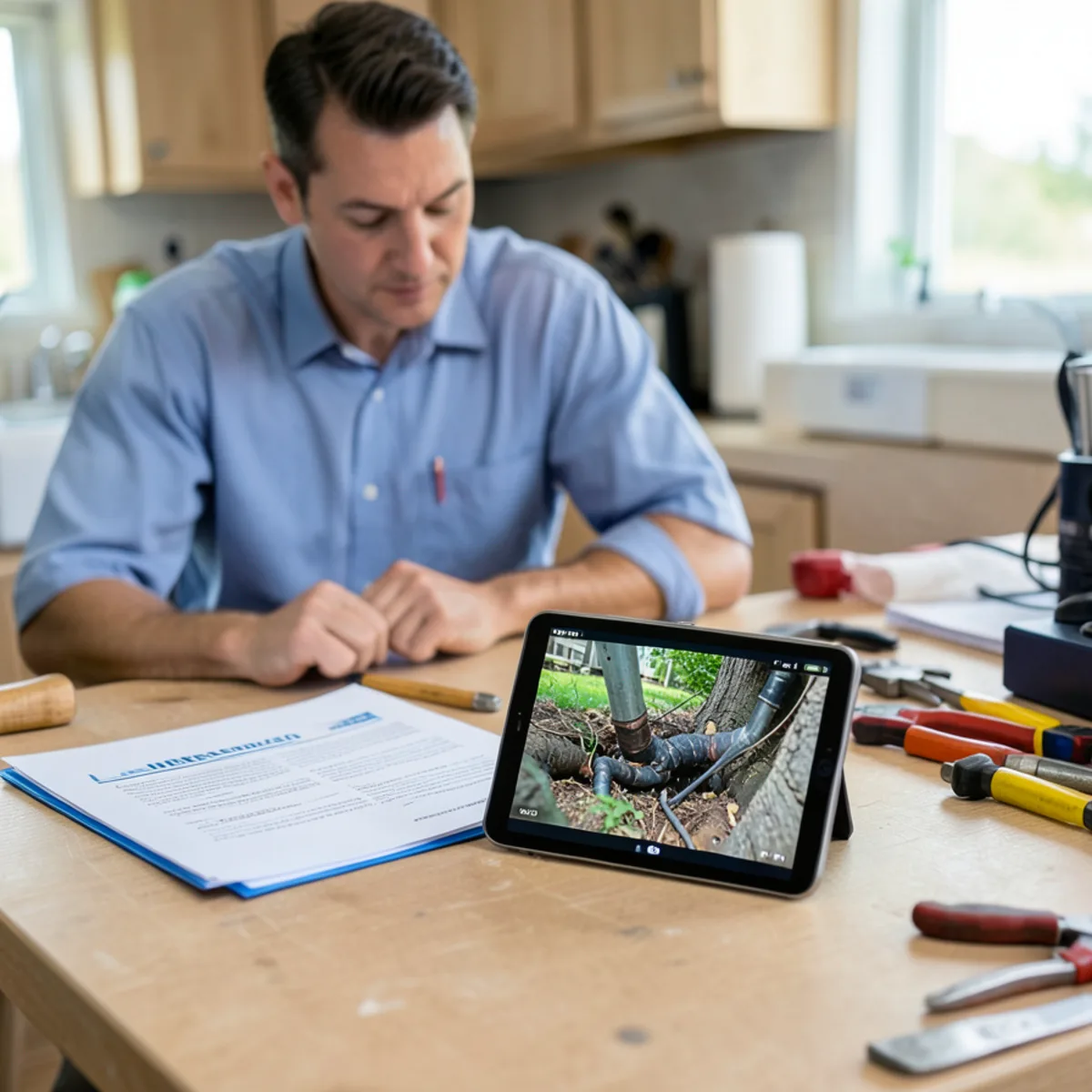 Inspection report folder with tablet displaying sewer camera video
