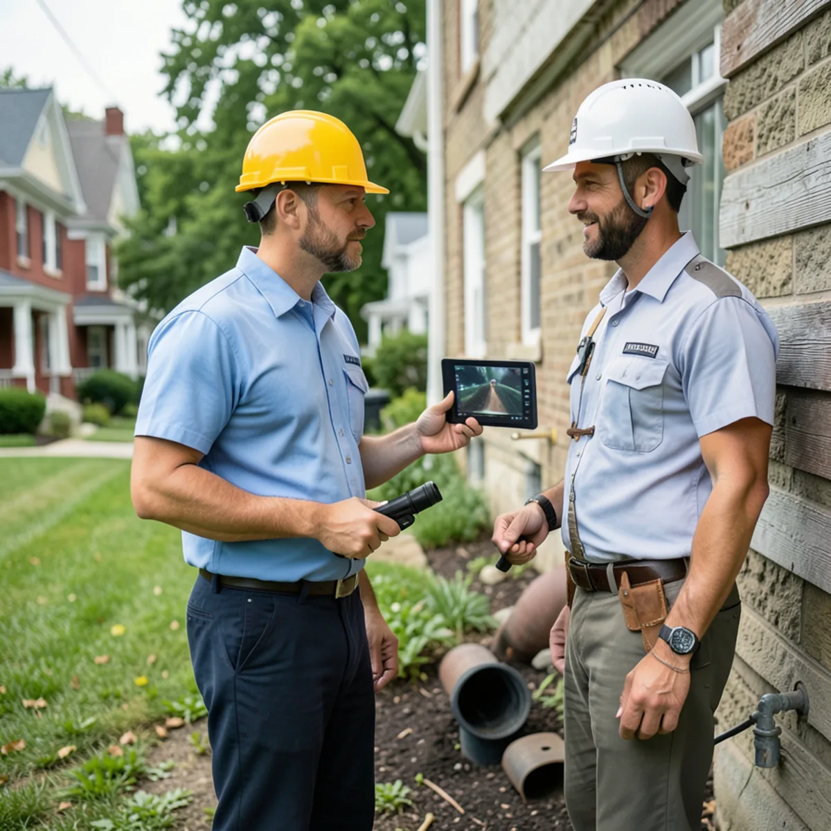 Real estate buyer and inspector viewing sewer scope camera monitor in Evanston