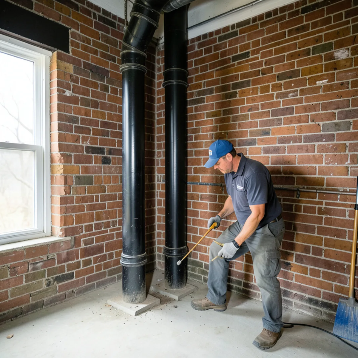 Multi-story vertical cast iron stacks in vintage Evanston courtyard building