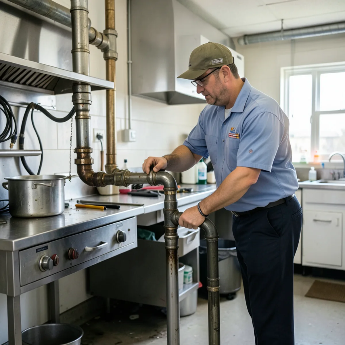 Commercial kitchen drain lines being hydro jetted after business hours