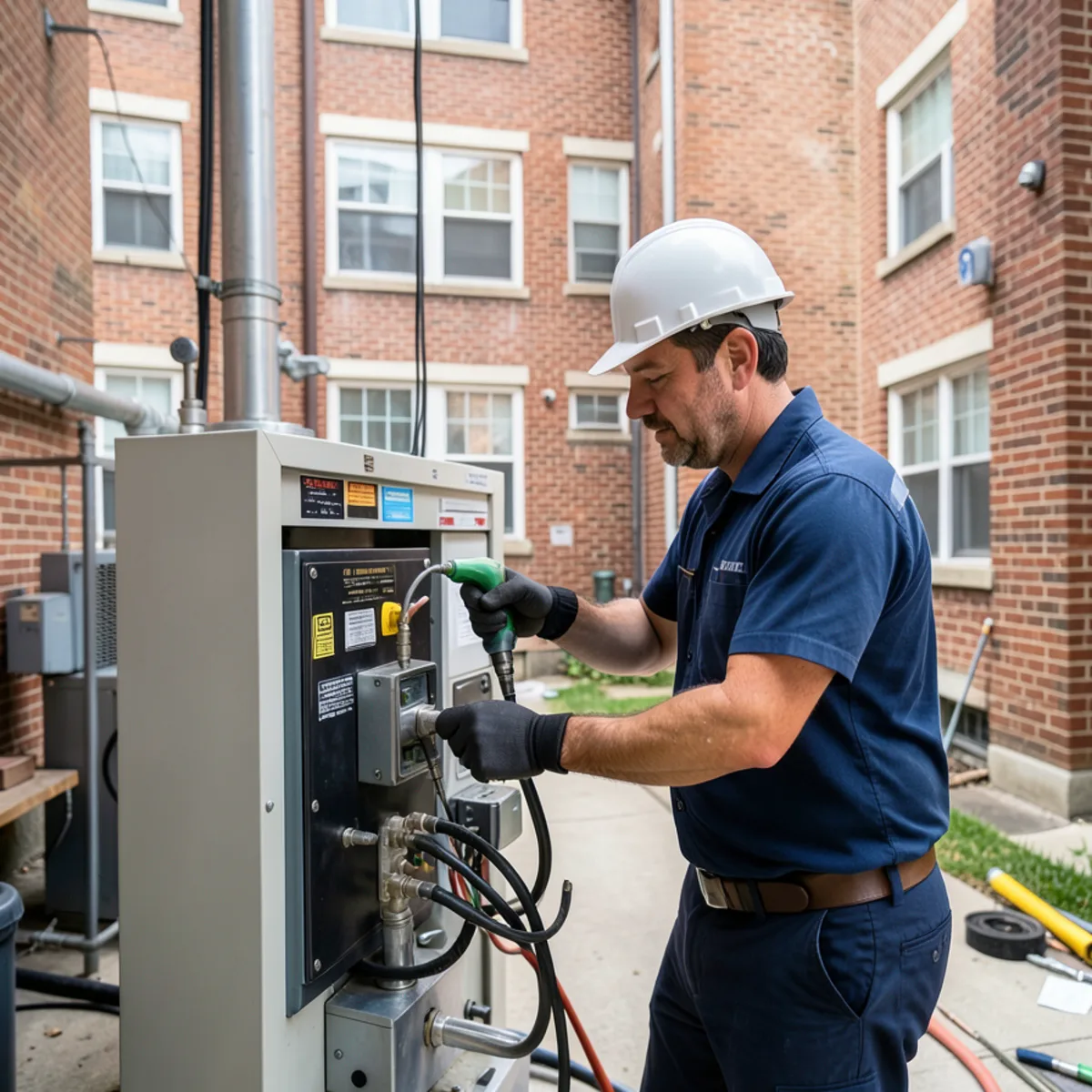 Technician operating commercial power rodding equipment in apartment boiler room