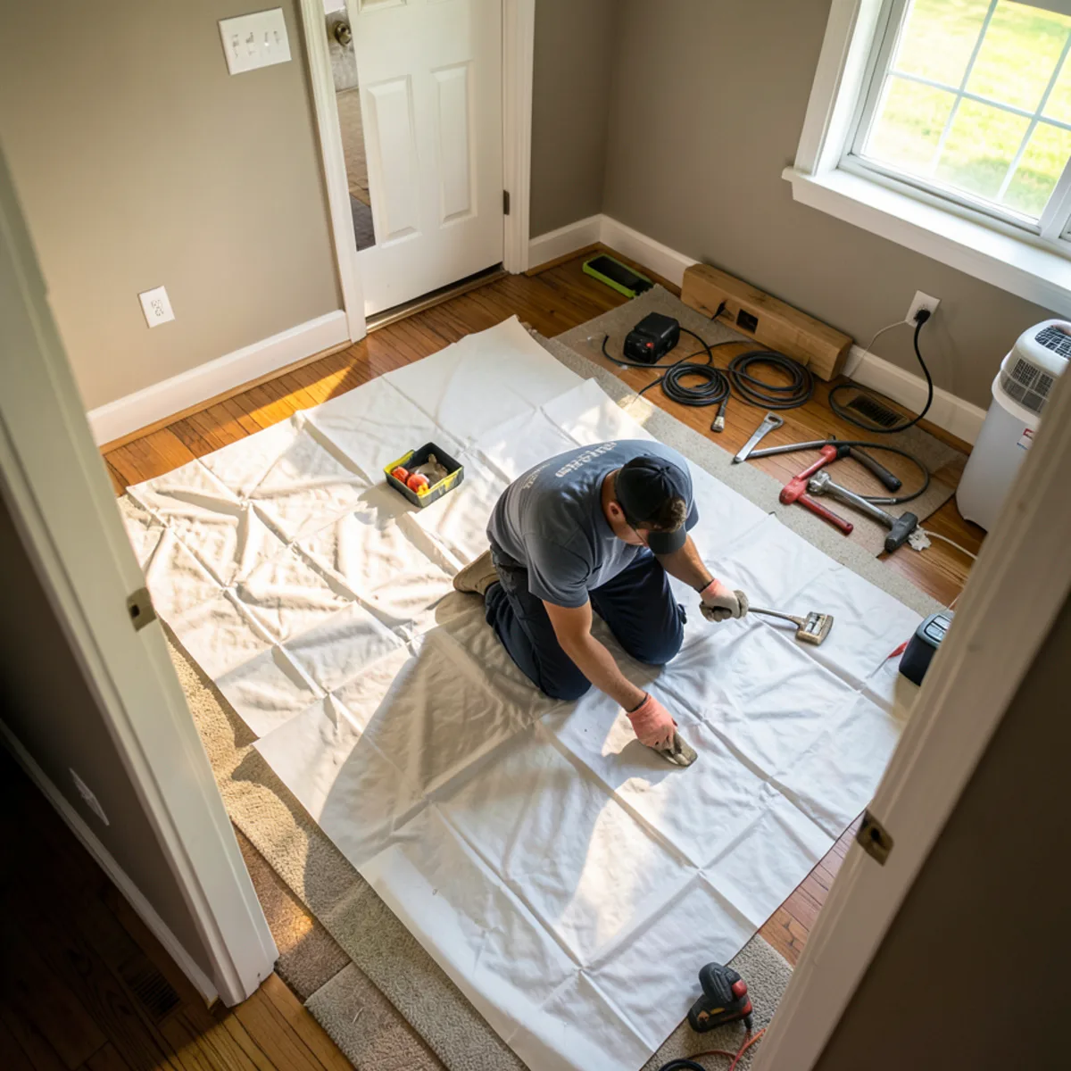Canvas drop cloths protecting hardwood hallway during drain service