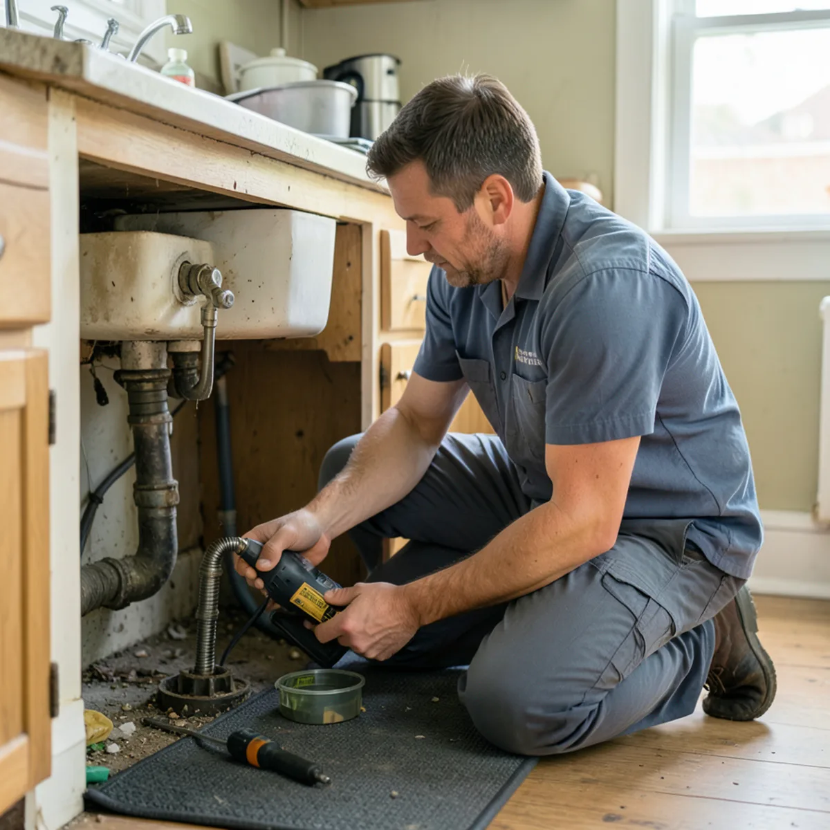 Technician servicing kitchen sink branch drain in vintage Evanston residence