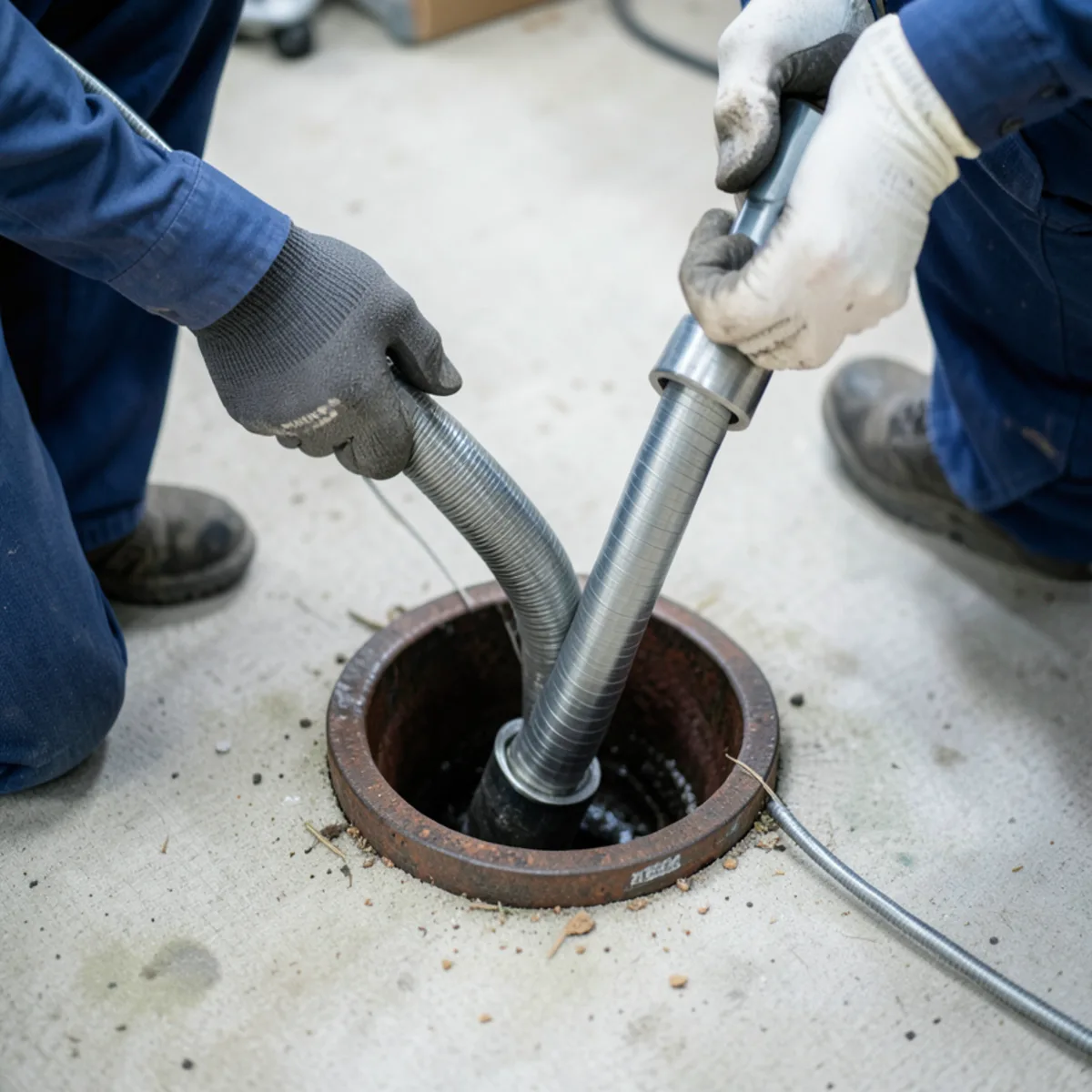Continuous steel rodding cable entering cast-iron basement cleanout in Evanston