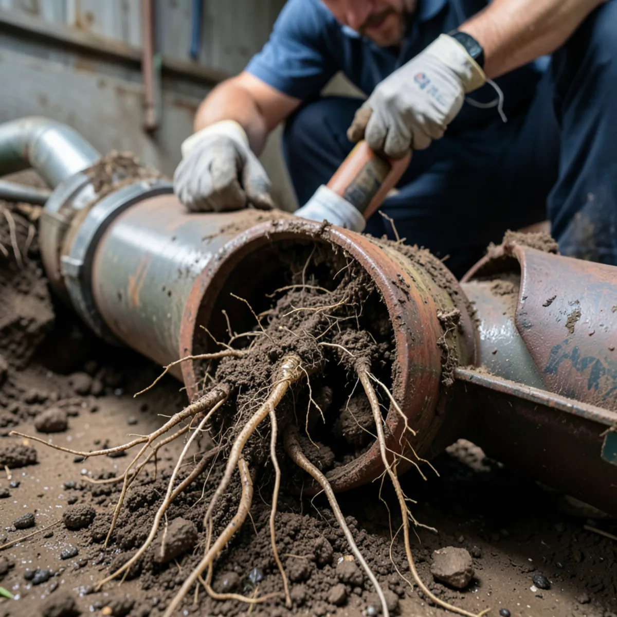 Dense tree roots penetrating vitrified clay sewer pipe joints in pre-war home