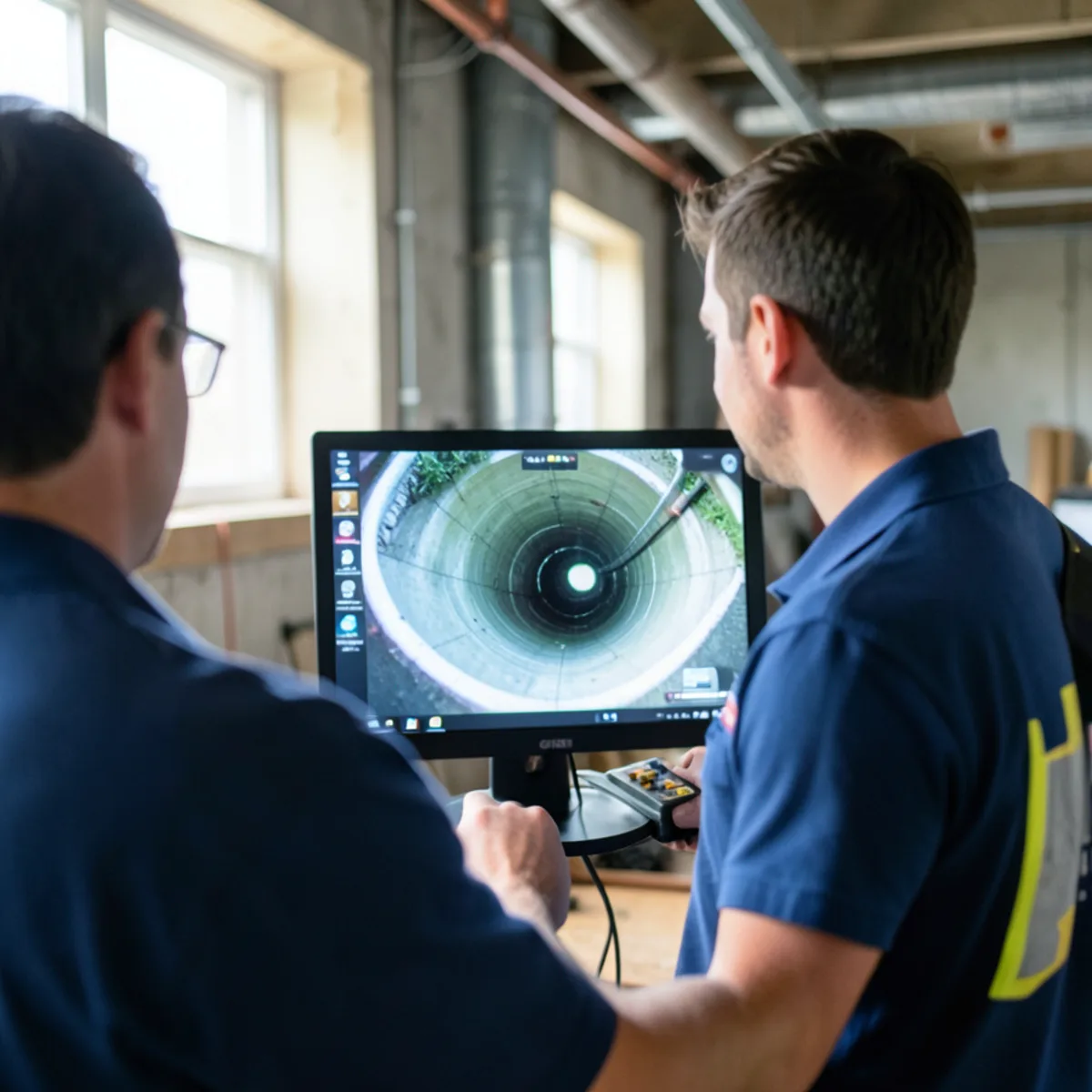 High-definition color sewer camera monitor diagnosing pipe interior