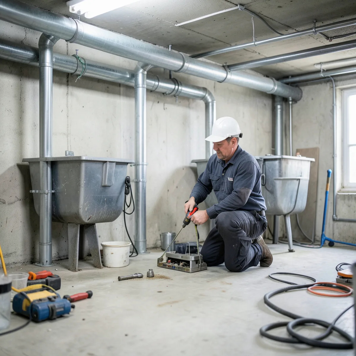 Commercial drain technician cleaning kitchen grease line in restaurant