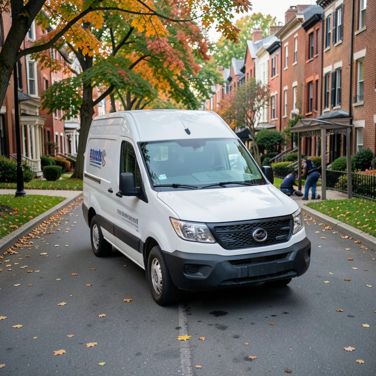 Centerline service van driving through Evanston IL residential street