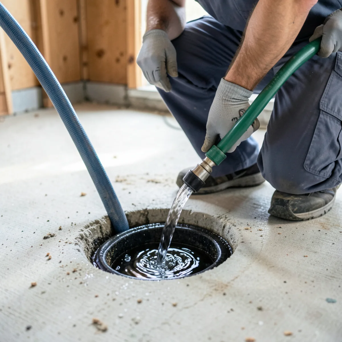 Testing basement floor drain flow with water after power rodding pass