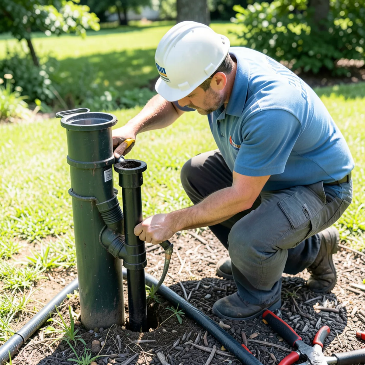 Power rodding cleanout riser on wide suburban lawn in Lincolnwood