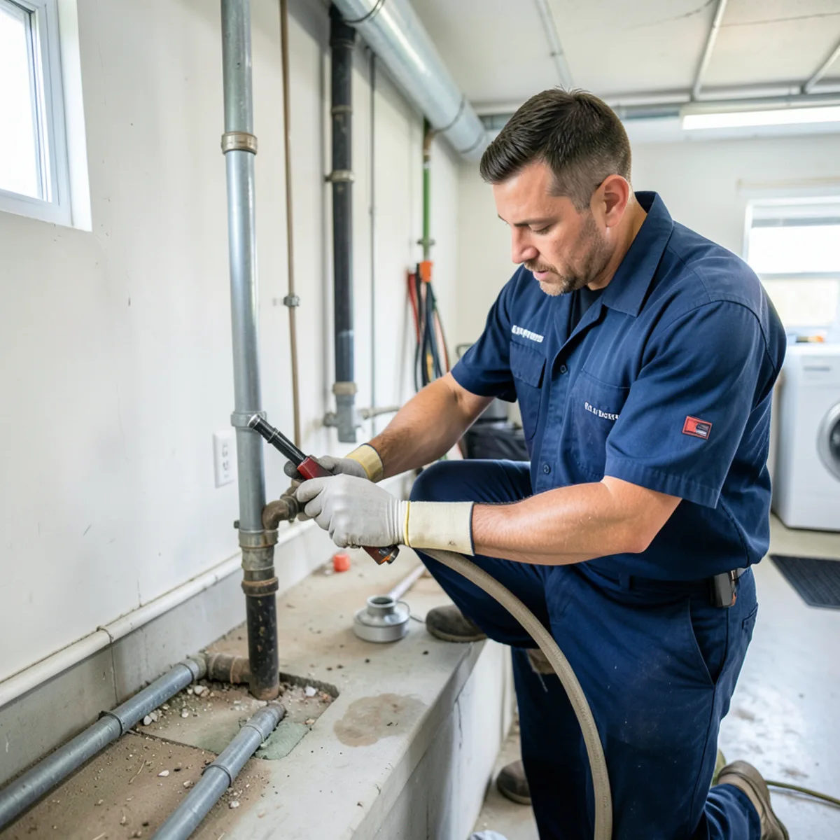 Technician clearing laundry branch line in 1960s Northbrook ranch basement
