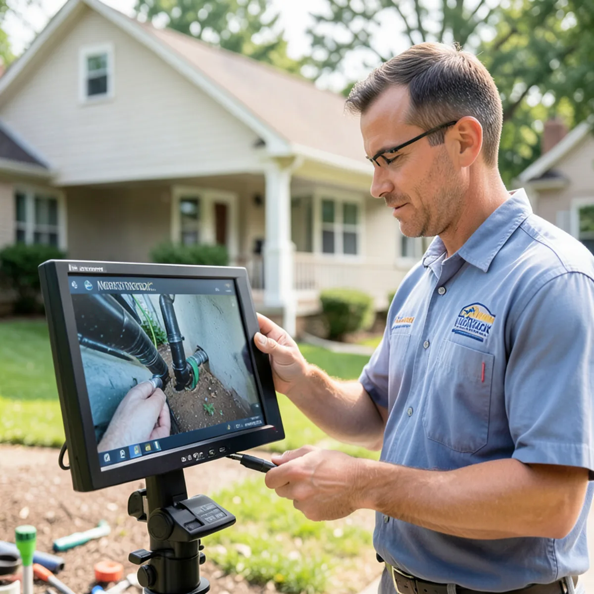 Reviewing video camera footage of clear sewer lateral in Northbrook