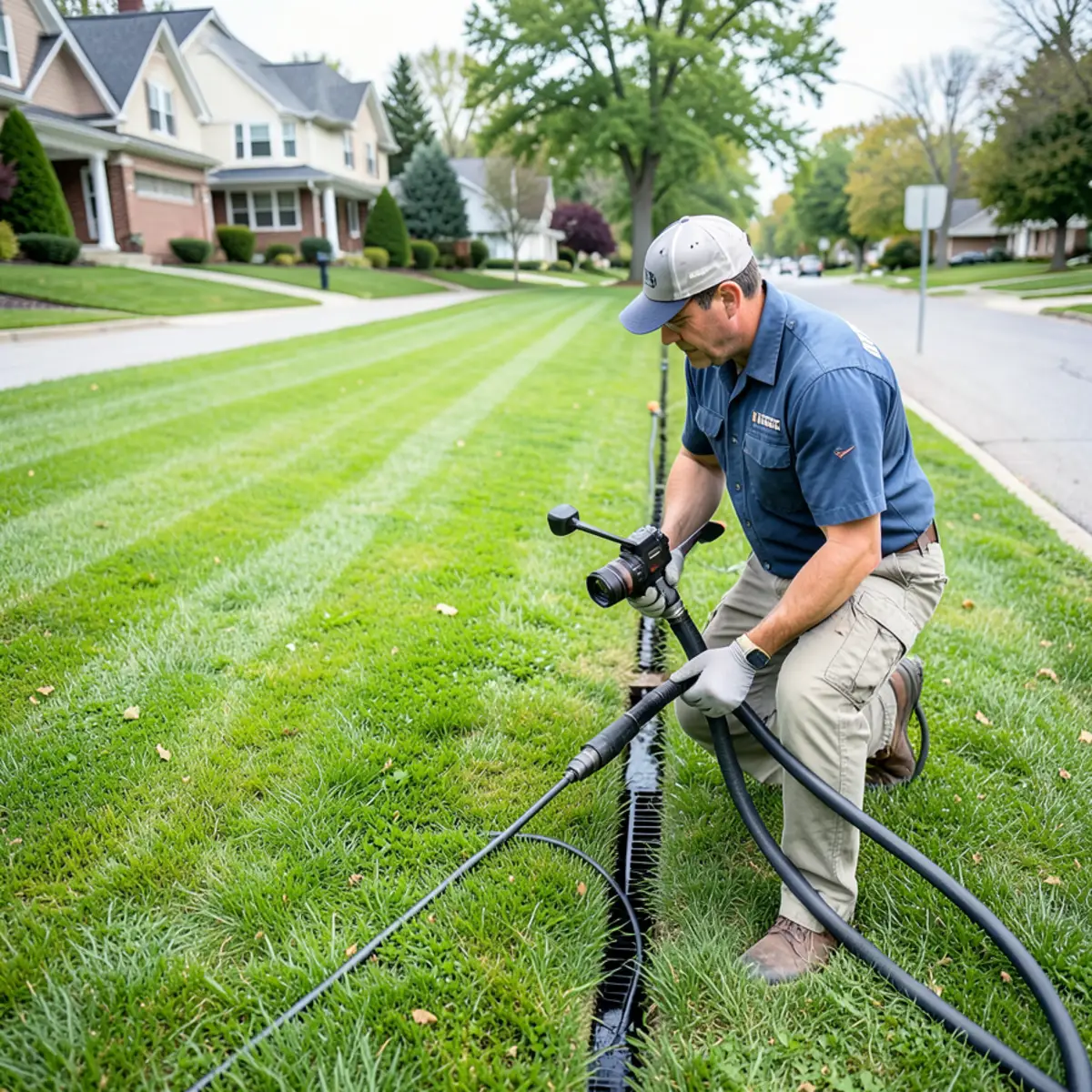 Technician inspecting deep 100-foot front yard lateral of Wilmette Colonial home
