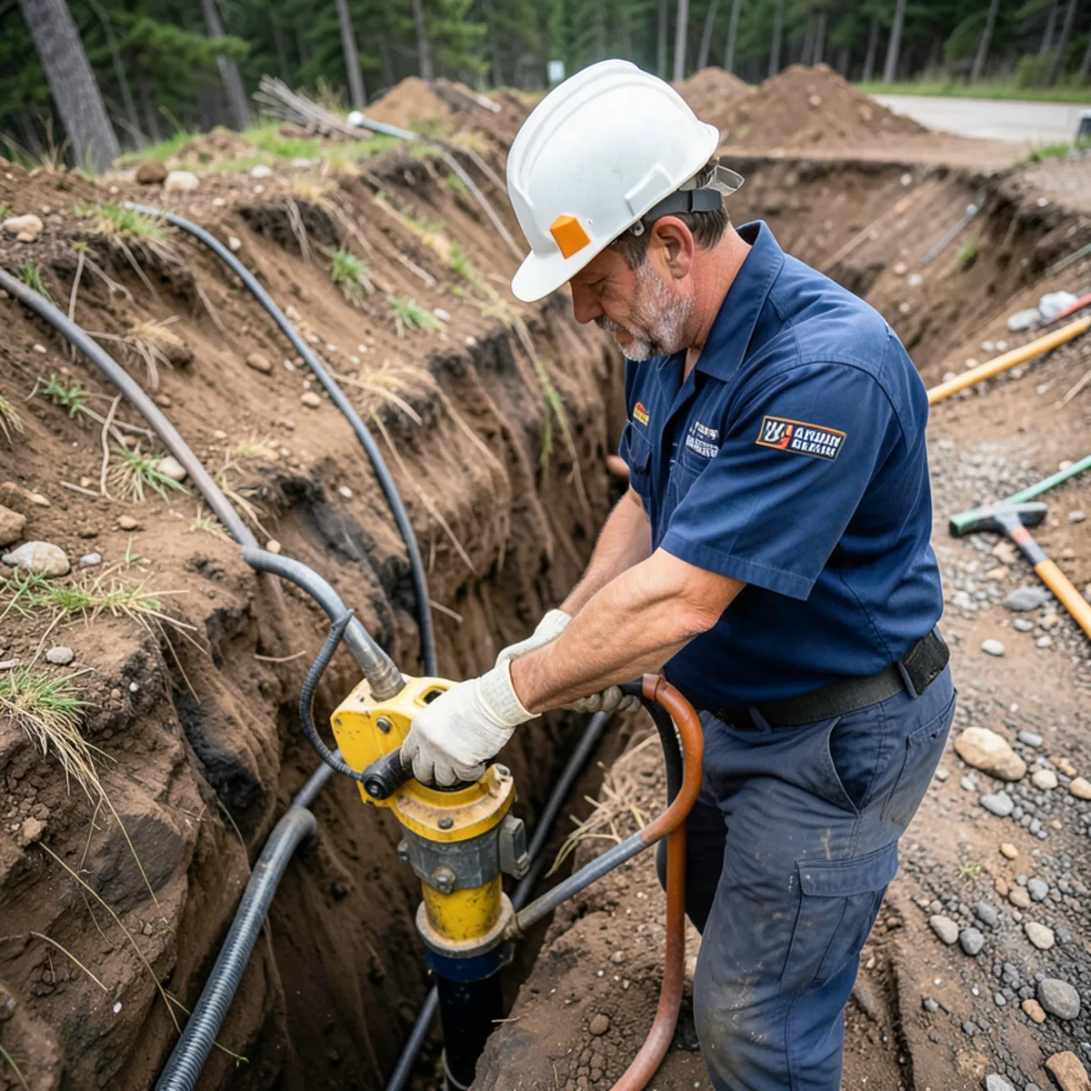 Technician operating long continuous rodding machine on Winnetka ravine lot
