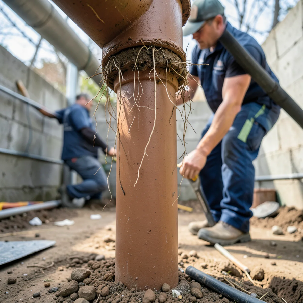 Camera still showing tree root curtain hanging from clay sewer pipe joint