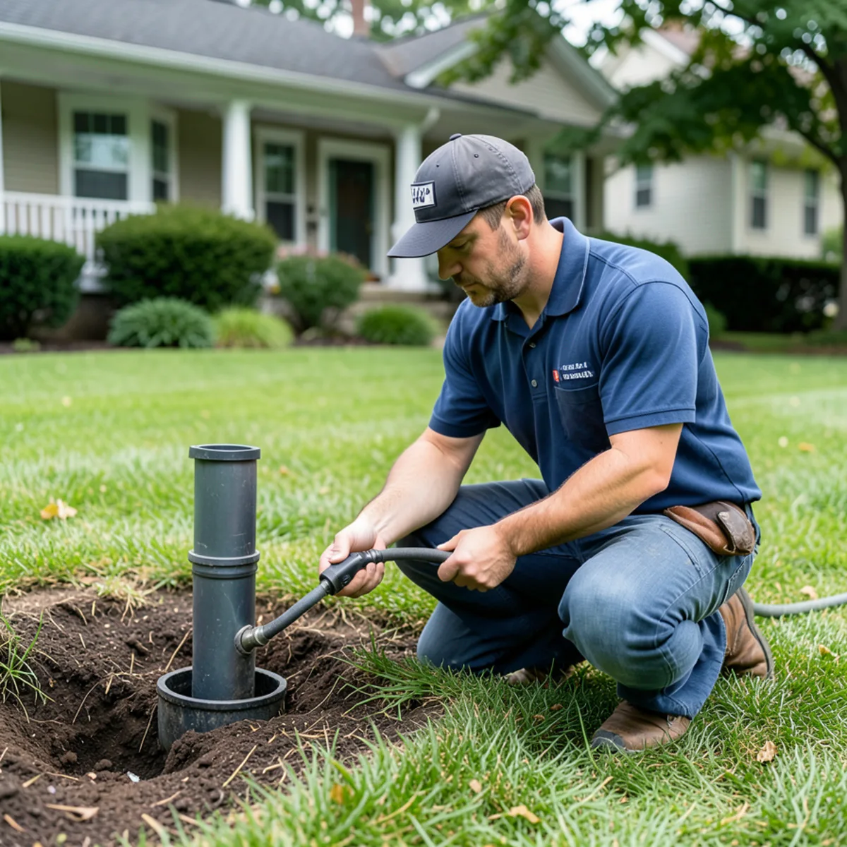 Technician inserting video sewer camera into outdoor cleanout riser