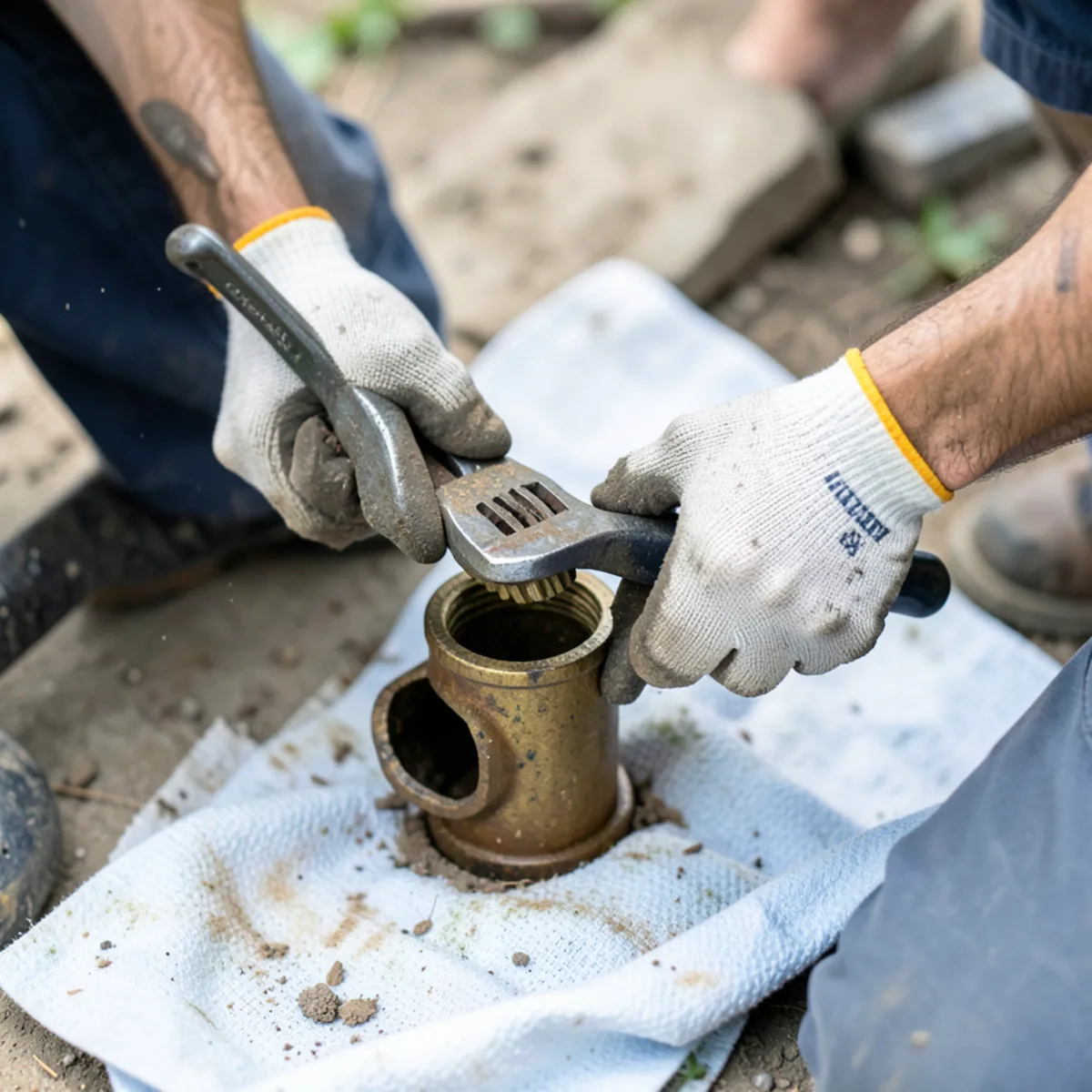 Technician loosening brass cleanout plug on cast iron sewer main