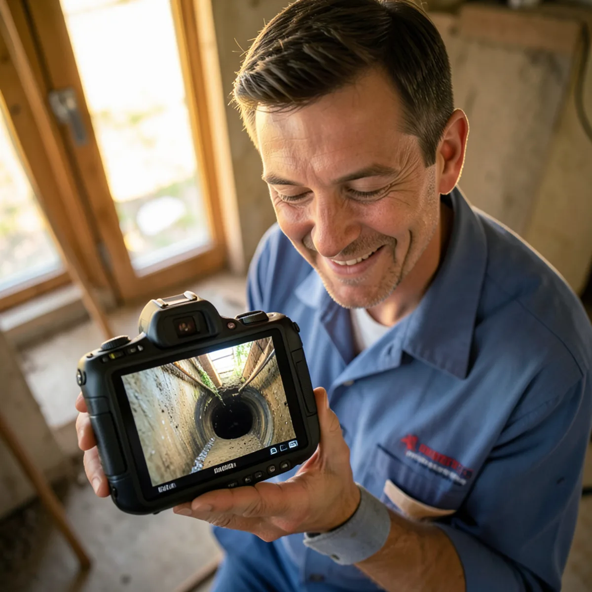 Technician viewing post-rodding camera inspection footage on monitor