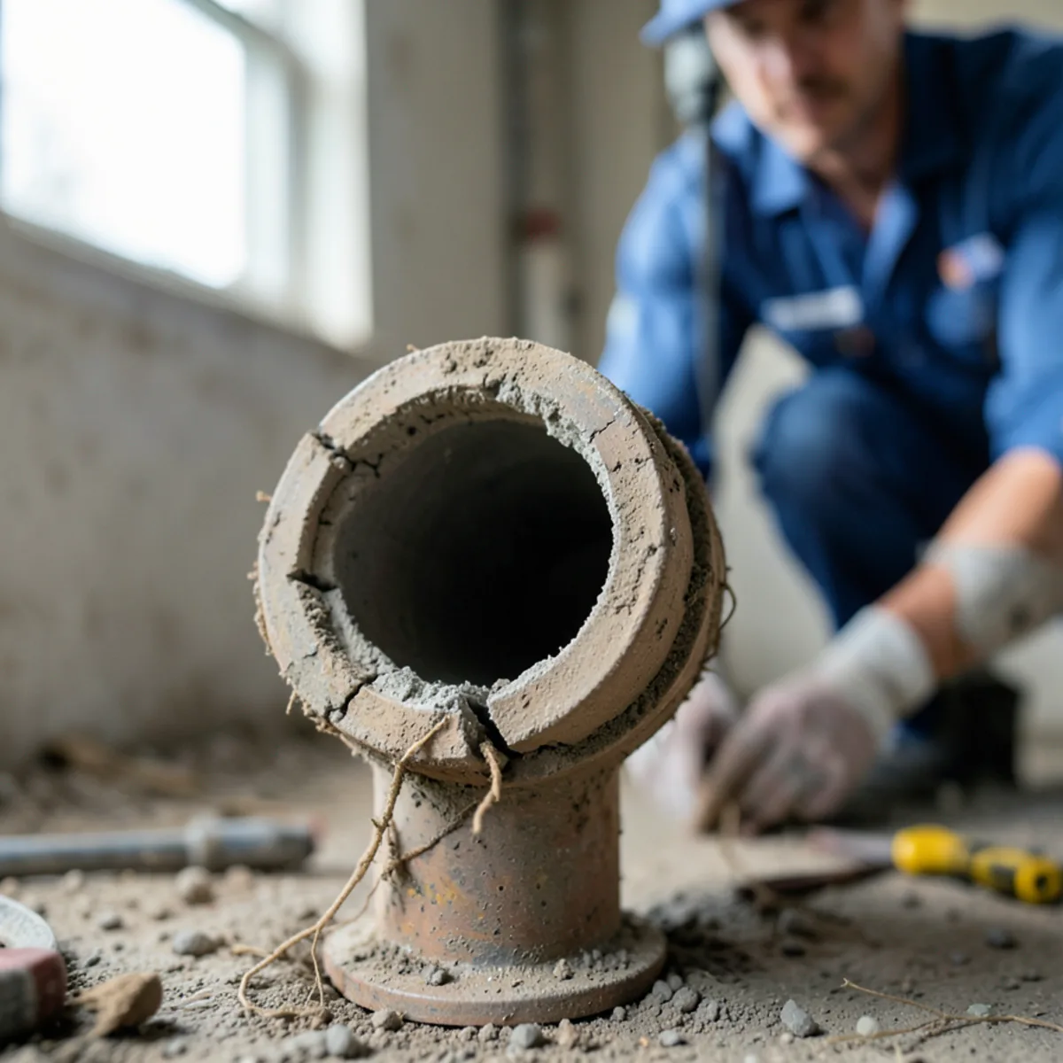 Exposed vitrified clay pipe joint showing root penetration point
